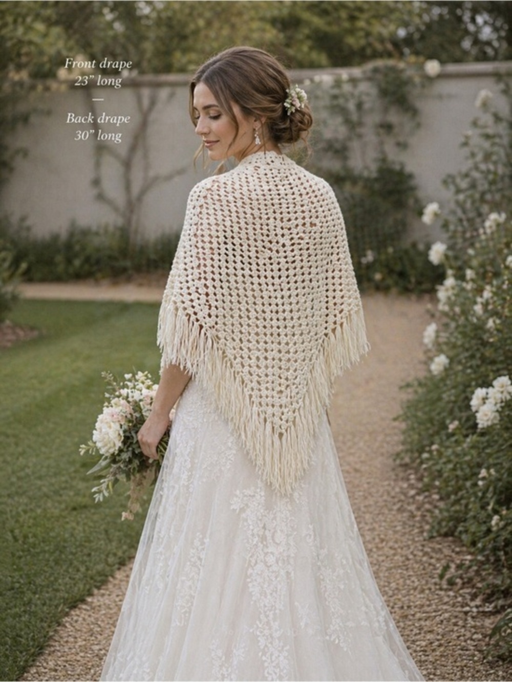 Vintage 70s Cream Crochet Shawl Cape Fringe Boho Cottagecore Bridal Wrap